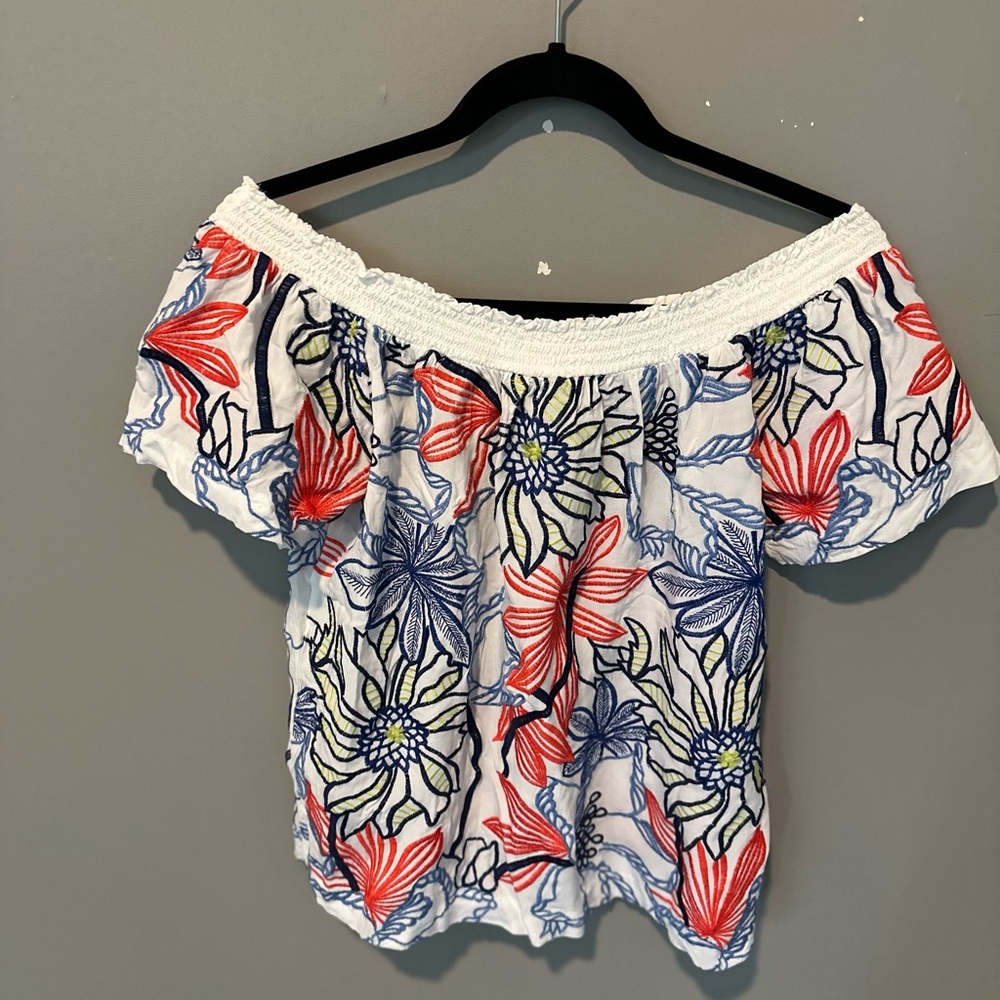 Skies Are Blue Off-Shoulder Floral Blouse - Red, Blue, White